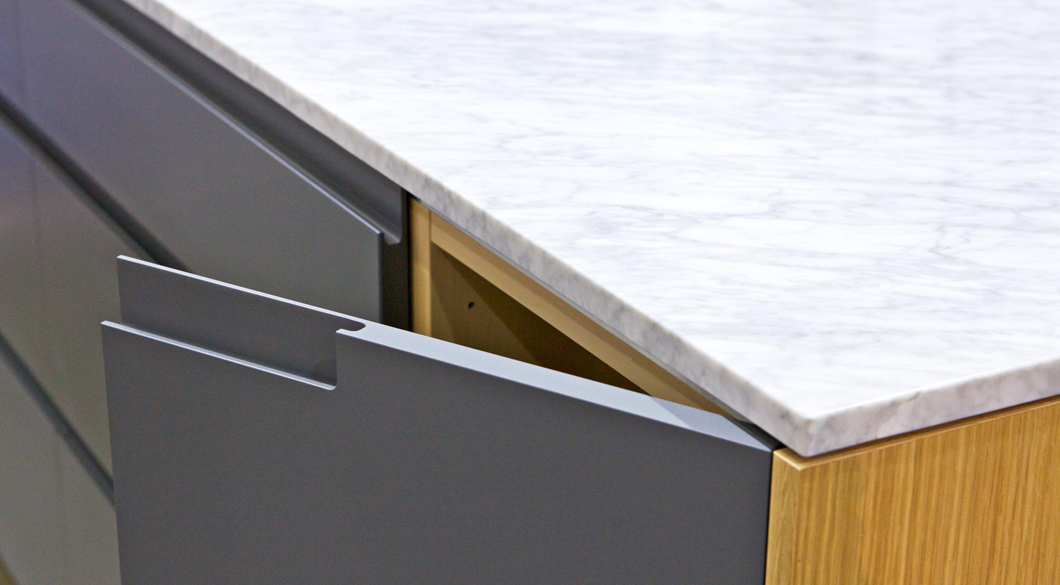 custom ikea dark gray Dunsmuir Cabinets dCabinets painted integrated pull oak carrara marble